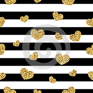 Gold heart seamless pattern. Black-white geometric stripes, golden confetti-hearts. Symbol of love, Valentine day