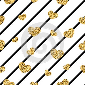 Gold heart seamless pattern. Black-white geometric stripes, golden confetti-hearts. Symbol of love, Valentine day