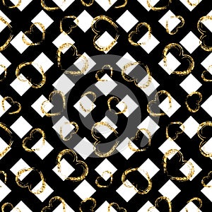 Gold heart seamless pattern. Black-white geometric stripes, golden grunge confetti-hearts. Symbol of love, Valentine day