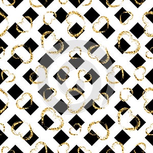 Gold heart seamless pattern. Black-white geometric stripes, golden grunge confetti-hearts. Symbol of love, Valentine day