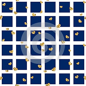 Gold heart seamless pattern. Blue-white geometric square, golden confetti-hearts. Symbol of love, Valentine day holiday
