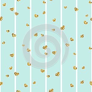 Gold heart seamless pattern. Blue-white geometric stripes, golden confetti-hearts. Symbol of love, Valentine day holiday