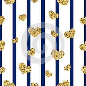 Gold heart seamless pattern. Blue-white geometric stripes, golden confetti-hearts. Symbol of love, Valentine day holiday