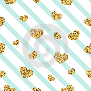 Gold heart seamless pattern. Blue-white geometric stripes, golden confetti-hearts. Symbol of love, Valentine day holiday