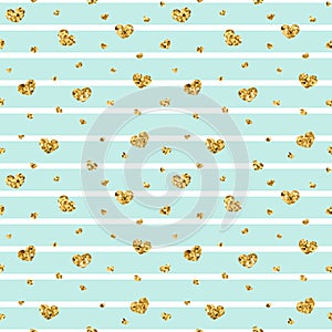 Gold heart seamless pattern. Blue-white geometric stripes, golden confetti-hearts. Symbol of love, Valentine day holiday