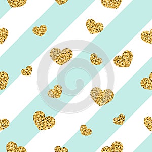 Gold heart seamless pattern. Blue-white geometric stripes, golden confetti-hearts. Symbol of love, Valentine day holiday