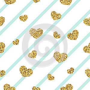 Gold heart seamless pattern. Blue-white geometric stripes, golden confetti-hearts. Symbol of love, Valentine day holiday