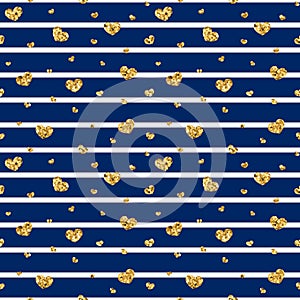 Gold heart seamless pattern. Blue-white geometric stripes, golden confetti-hearts. Symbol of love, Valentine day holiday