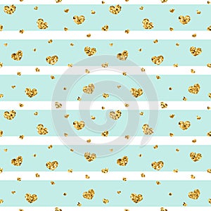 Gold heart seamless pattern. Blue-white geometric stripes, golden confetti-hearts. Symbol of love, Valentine day holiday