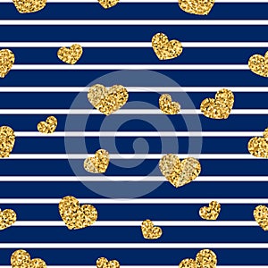 Gold heart seamless pattern. Blue-white geometric stripes, golden confetti-hearts. Symbol of love, Valentine day holiday