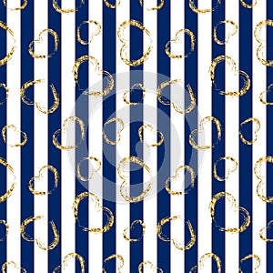 Gold heart seamless pattern. Blue-white geometric stripes, golden grunge confetti-hearts. Symbol of love, Valentine day