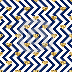 Gold heart seamless pattern. Blue-white geometric zig zag, golden confetti-hearts. Symbol of love, Valentine day holiday