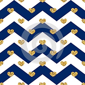 Gold heart seamless pattern. Blue-white geometric zig zag, golden confetti-hearts. Symbol of love, Valentine day holiday