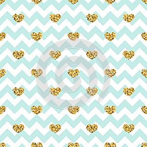 Gold heart seamless pattern. Blue-white geometric zig zag, golden confetti-hearts. Symbol of love, Valentine day holiday