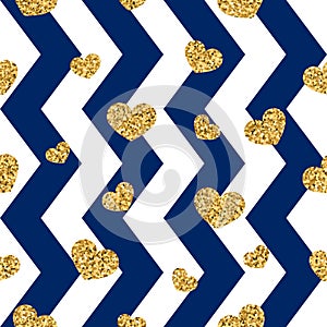 Gold heart seamless pattern. Blue-white geometric zig zag, golden confetti-hearts. Symbol of love, Valentine day holiday