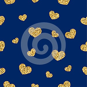 Gold heart seamless pattern. Golden chaotic confetti-hearts on blue background. Symbol of love, Valentine day holiday