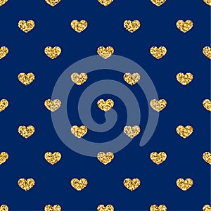 Gold heart seamless pattern. Golden geometric confetti-hearts on blue background. Symbol of love, Valentine day holiday