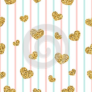 Gold heart seamless pattern. Pink-blue-white geometric stripes, golden confetti-hearts. Symbol of love, Valentine day
