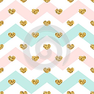 Gold heart seamless pattern. Pink-blue-white geometric zig zag, golden confetti-hearts. Symbol of love, Valentine day