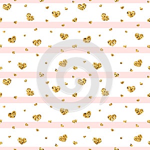 Gold heart seamless pattern. Pink-white geometric stripes, golden confetti-hearts. Symbol of love, Valentine day holiday
