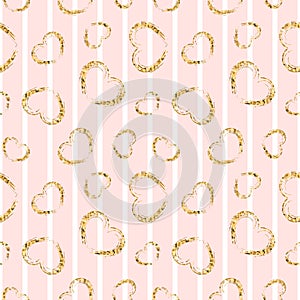 Gold heart seamless pattern. Pink-white geometric stripes, golden grunge confetti-hearts. Symbol of love, Valentine day