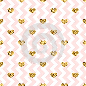 Gold heart seamless pattern. Pink-white geometric zig zag, golden confetti-hearts. Symbol of love, Valentine day holiday