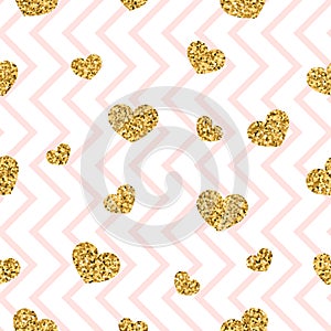 Gold heart seamless pattern. Pink-white geometric zig zag, golden confetti-hearts. Symbol of love, Valentine day holiday