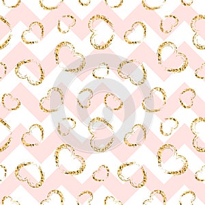 Gold heart seamless pattern. Pink-white geometric zig zag, golden grunge confetti-hearts. Symbol of love, Valentine day