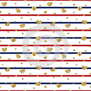 Gold heart seamless pattern. Red-blue-white geometric stripes, golden confetti-hearts. Symbol of love, Valentine day