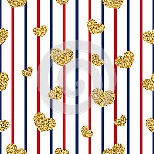 Gold heart seamless pattern. Red-blue-white geometric stripes, golden confetti-hearts. Symbol of love, Valentine day