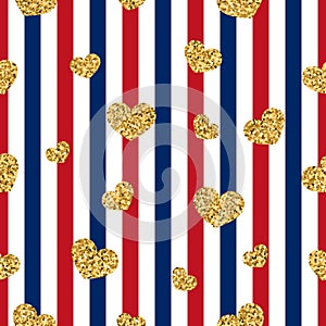 Gold heart seamless pattern. Red-blue-white geometric stripes, golden confetti-hearts. Symbol of love, Valentine day