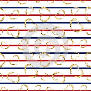 Gold heart seamless pattern. Red-blue-white geometric stripes, golden grunge confetti-hearts. Symbol of love, Valentine