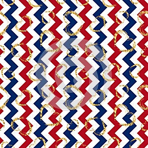 Gold heart seamless pattern. Red-blue-white geometric zig zag, golden grunge confetti-hearts. Symbol love, Valentine day