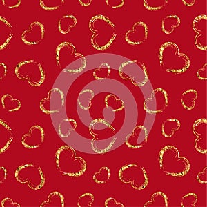 Gold heart seamless pattern. Red color, golden grunge confetti-hearts. Symbol of love, Valentine day holiday. Design