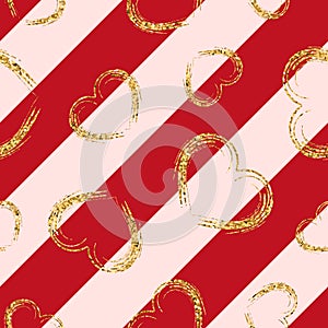 Gold heart seamless pattern. Red-pink geometric stripes, golden grunge confetti-hearts. Symbol of love, Valentine day