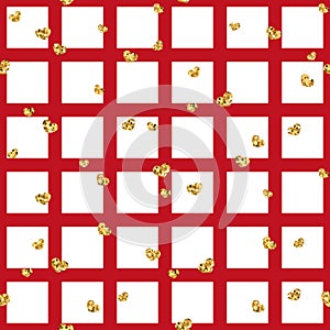 Gold heart seamless pattern. Red-white geometric square, golden confetti-hearts. Symbol of love, Valentine day holiday