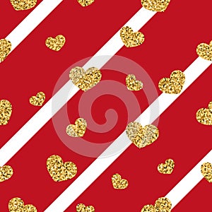 Gold heart seamless pattern. Red-white geometric stripes, golden confetti-hearts. Symbol of love, Valentine day holiday