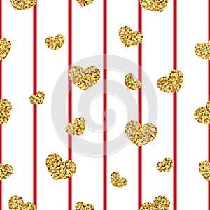 Gold heart seamless pattern. Red-white geometric stripes, golden confetti-hearts. Symbol of love, Valentine day holiday