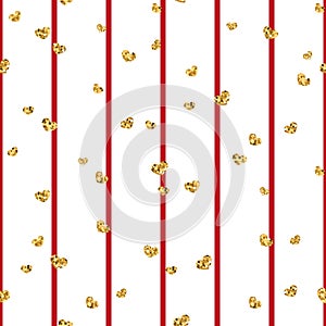 Gold heart seamless pattern. Red-white geometric stripes, golden confetti-hearts. Symbol of love, Valentine day holiday