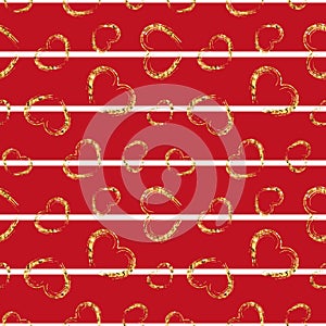 Gold heart seamless pattern. Red-white geometric stripes, golden grunge confetti-hearts. Symbol of love, Valentine day