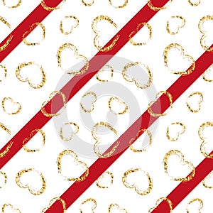 Gold heart seamless pattern. Red-white geometric stripes, golden grunge confetti-hearts. Symbol of love, Valentine day