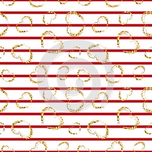 Gold heart seamless pattern. Red-white geometric stripes, golden grunge confetti-hearts. Symbol of love, Valentine day