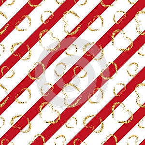 Gold heart seamless pattern. Red-white geometric stripes, golden grunge confetti-hearts. Symbol of love, Valentine day