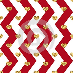 Gold heart seamless pattern. Red-white geometric zig zag, golden confetti-hearts. Symbol of love, Valentine day holiday