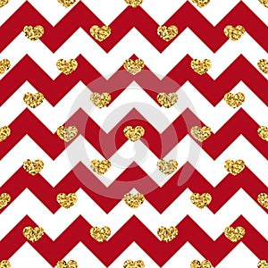 Gold heart seamless pattern. Red-white geometric zig zag, golden confetti-hearts. Symbol of love, Valentine day holiday