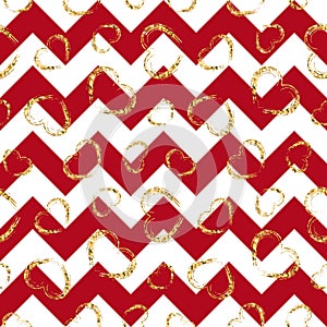 Gold heart seamless pattern. Red-white geometric zig zag, golden grunge confetti-hearts. Symbol of love, Valentine day