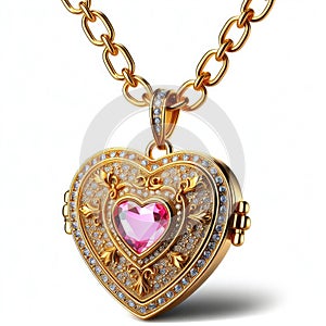 Gold heart-shaped locket with pink gemstone.