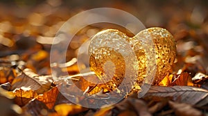 A gold heart shaped object sitting on a pile of leaves, AI