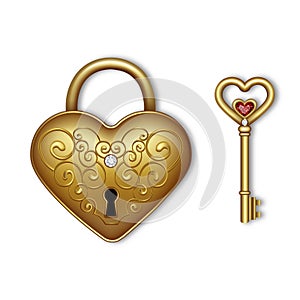 Gold heart shaped padlock and key