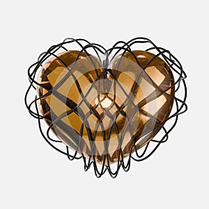 A gold heart wrapped with black ribbons in a Celtic ornament. 3d render. Element for valentine's day.